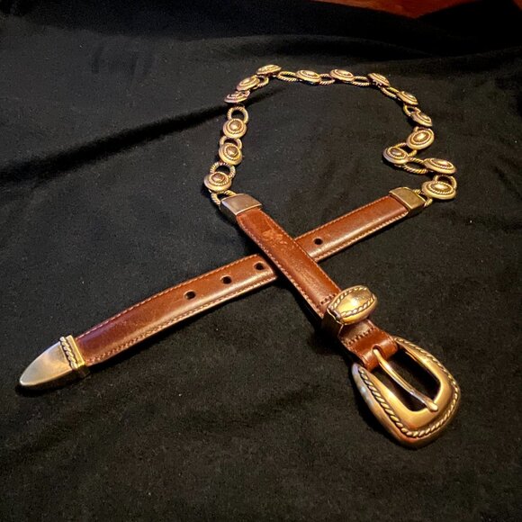 Brighton Accessories - Brighton Brown Leather Belt with Gold-Tone Buckle and Rope Link Details, Size M
